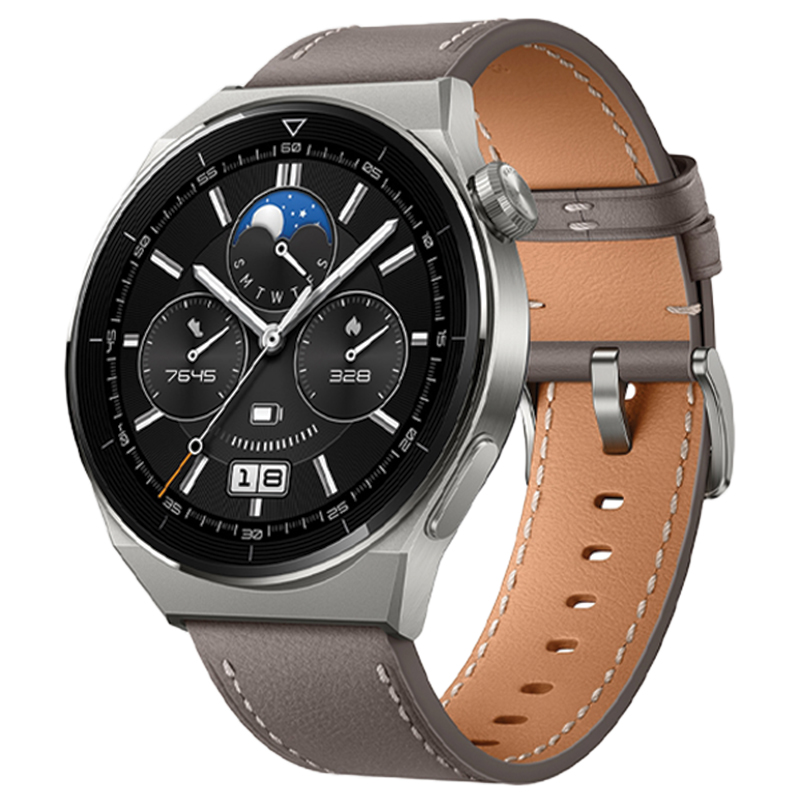 Huawei Watch GT 3 Pro 46mm Classic 32MB 4GB – Light Titanium Case with Grey Leather Strap