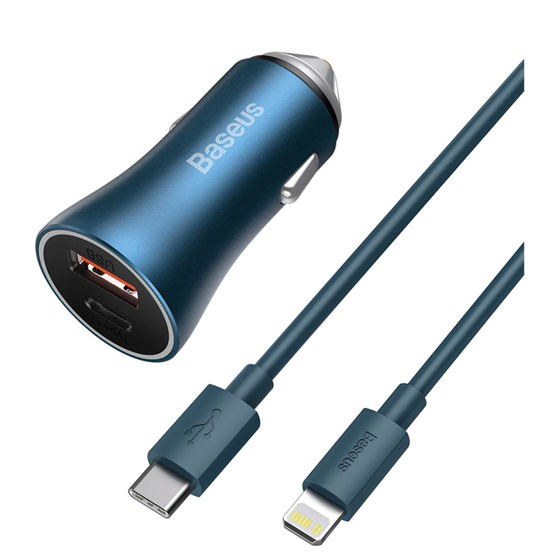 Baseus Golden Contactor Pro 40W USB + Type-C Dual Port Quick Car Charger with Type-C to Lightning Cable