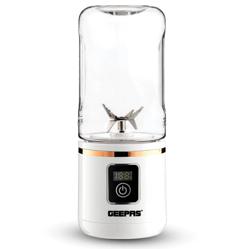 Geepas GSB44058 Rechargeable Portable Blender | 420ml Capacity | 150W Power | 6-Piece Stainless Steel Blades | USB Type-C Charging | Digital Battery Display | One-Touch Operation | White