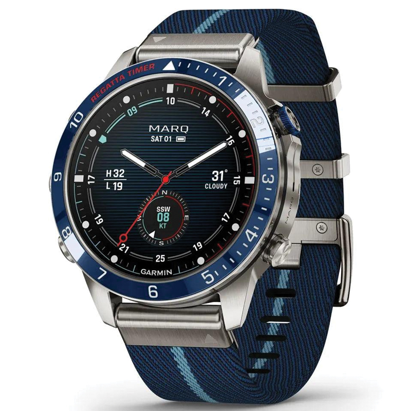 Garmin MARQ Captain (Gen 2) Luxury GPS Smartwatch | 46mm | AMOLED Sapphire | Grade 5 Titanium | Striped Jacquard Nylon Strap | 010-02648-11